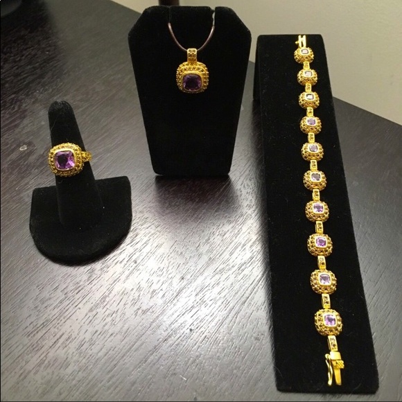 925 Silver Gold Plated Amethyst CZ Ring & Bracelet - Picture 13 of 14